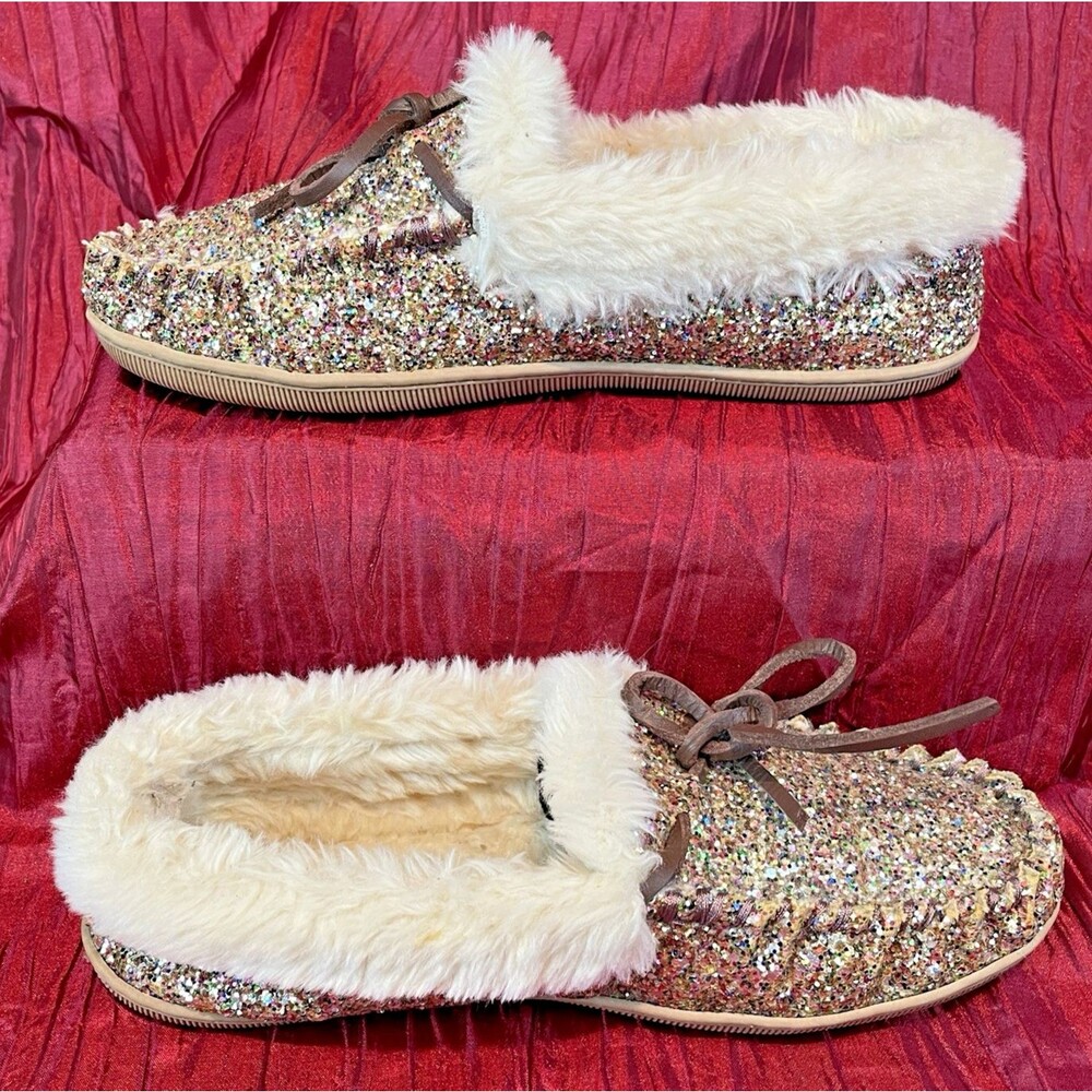 Womens J.Crew Glitter Faux-Shearling House Slippers Moccasins sz 8 - Picture 2 of 8